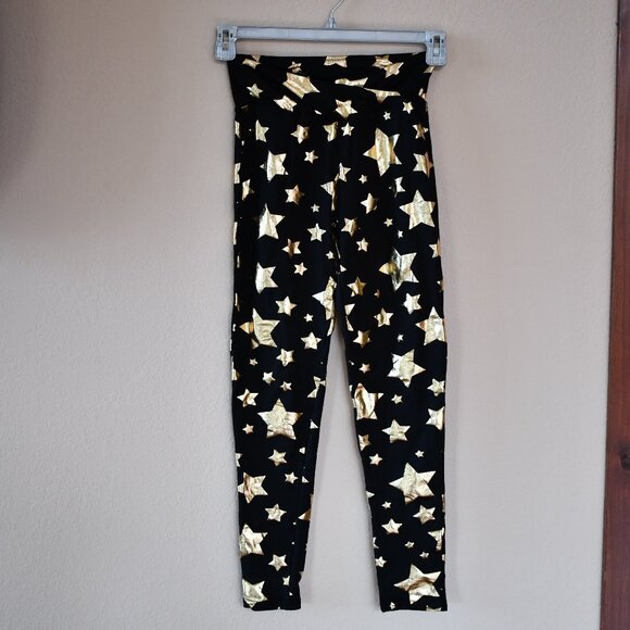LA Winner Women's Full-Length Black Pull on Gold Shiny Star Leggings Size M - Picture 2 of 5